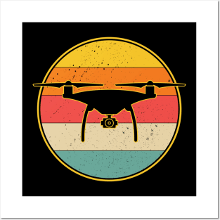 Retro Drone Pilot - Vintage Sunset Aviator Flying Quadcopter Posters and Art